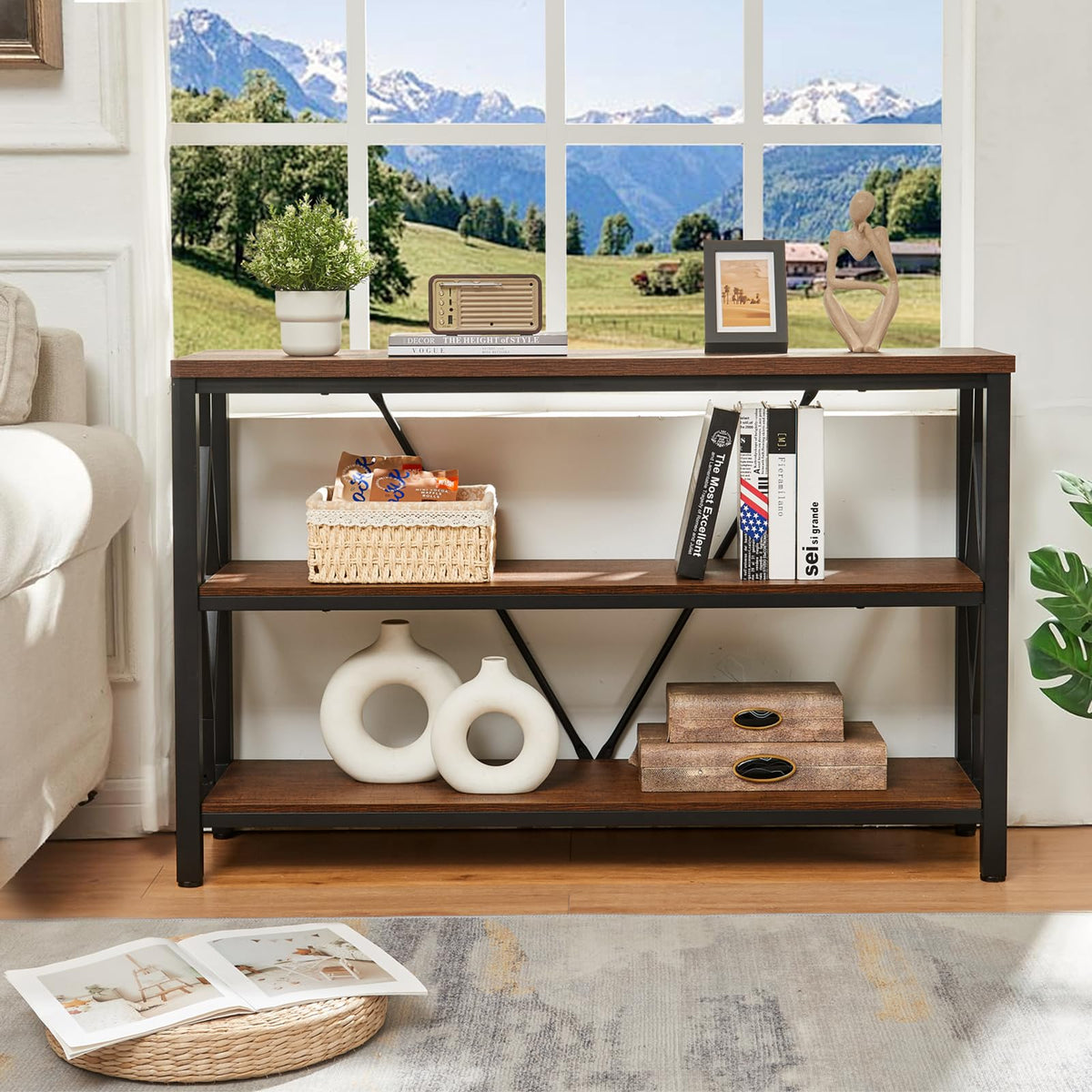 Brown 47 Inch Sofa Console Table with 3 Tier Bookshelf G84796