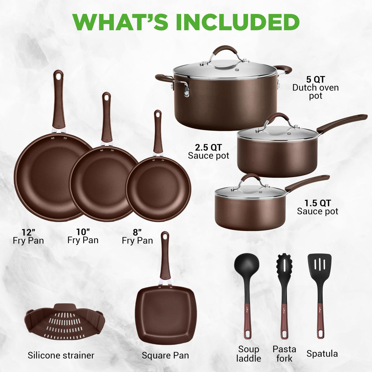 14-Piece Nonstick Brown Cookware Set Z9571