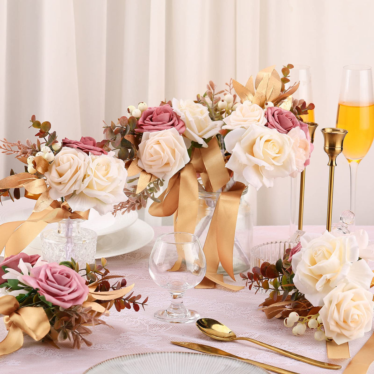 12 Pcs Artificial Bouquets and Boutonniere Set Rose White W58686