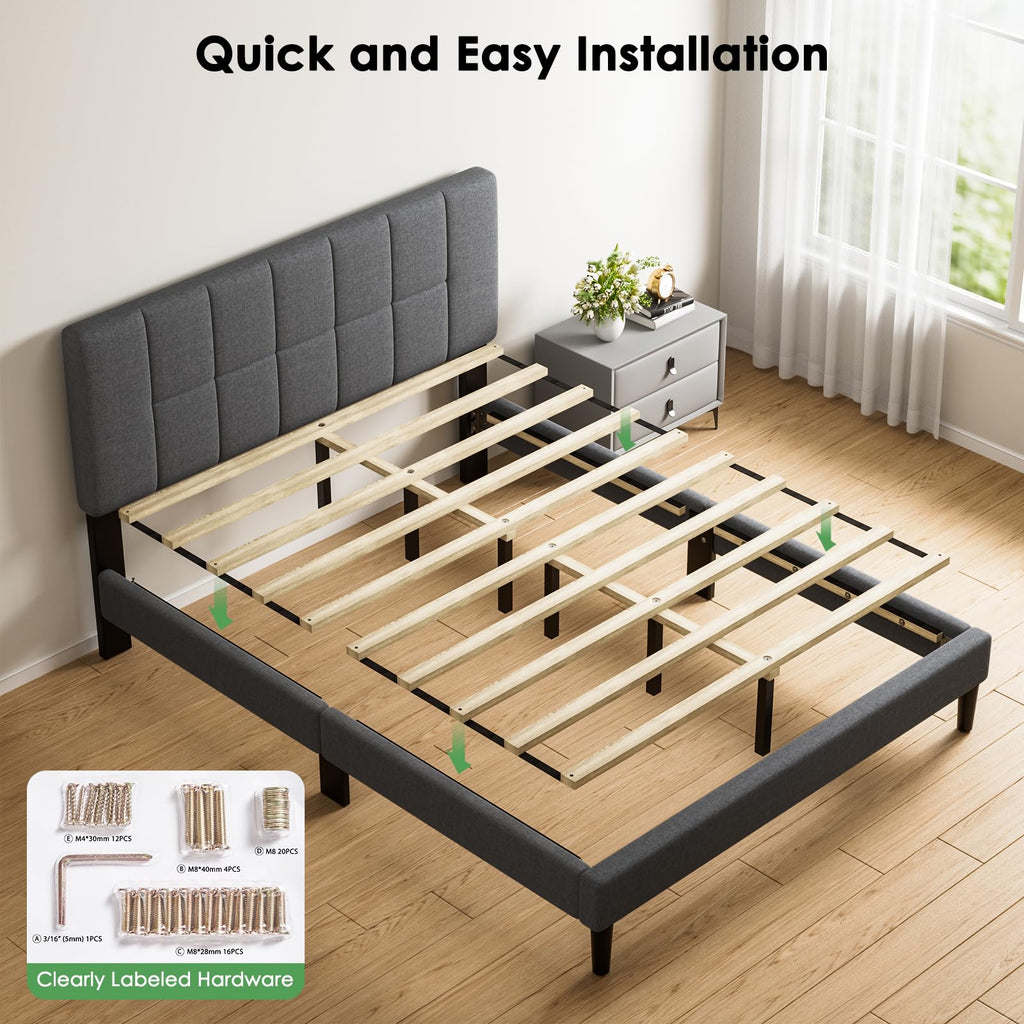 Queen Size Dark Gray Upholstered Bed Frame K742