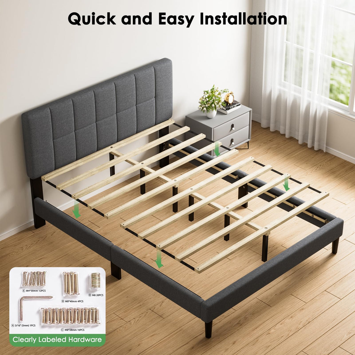 Queen Size Dark Gray Upholstered Bed Frame K742