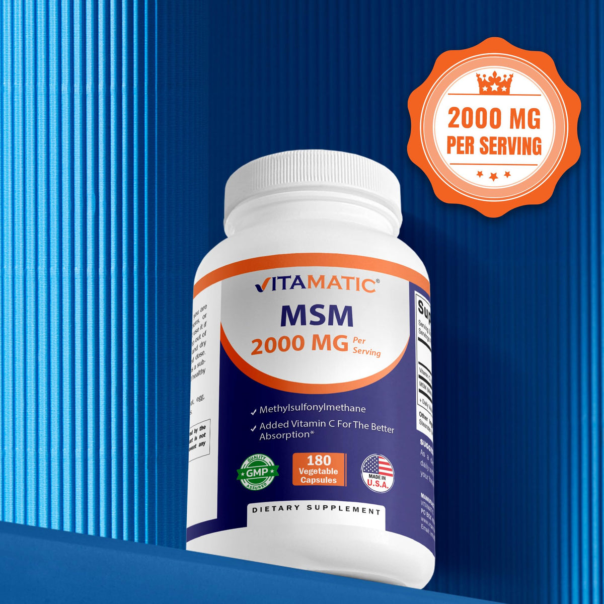 MSM 2000 mg with Vitamin C 180 Veg Capsules Non-GMO Gluten Free E514