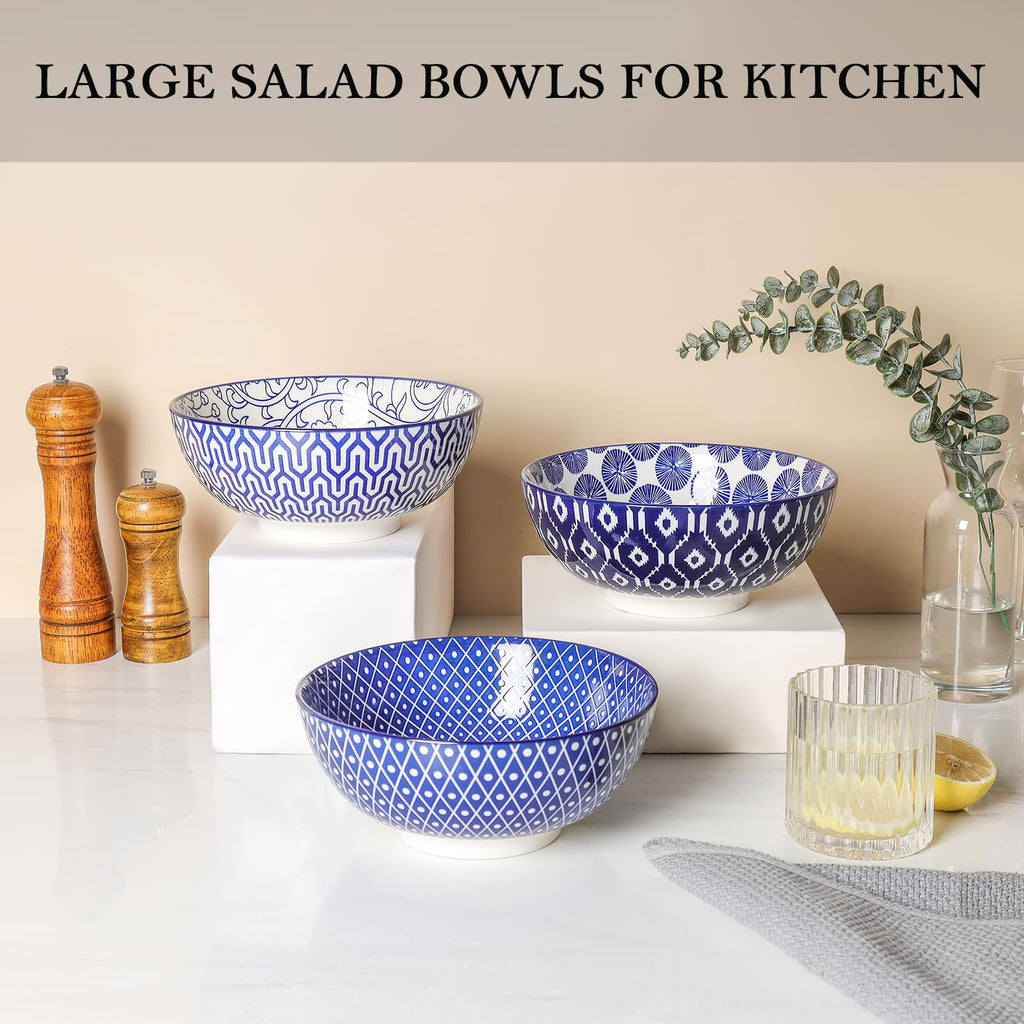 Ceramic 53 OZ Salad Bowls Set, Set of 3, Vintage Blue C736