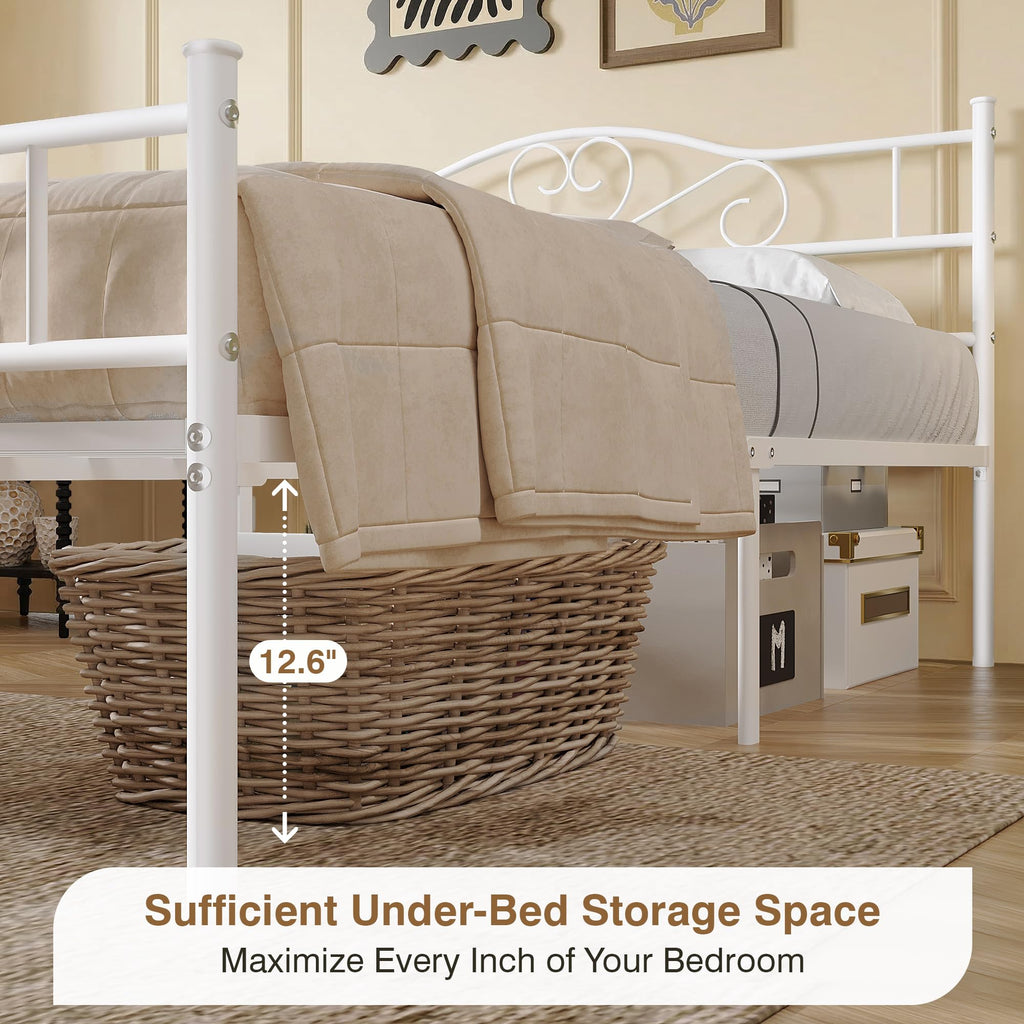 Full Size White Metal Platform Bed Frame with Headboard Y1975