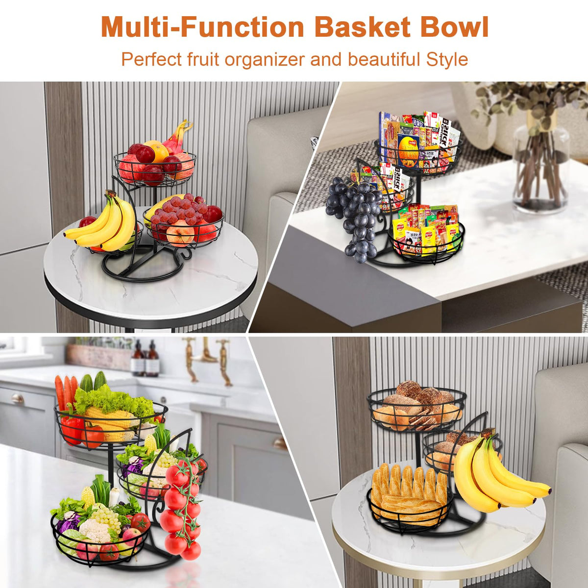 Fruit Basket Bowl with Banana Hanger, 3-Tier Metal Base G6795