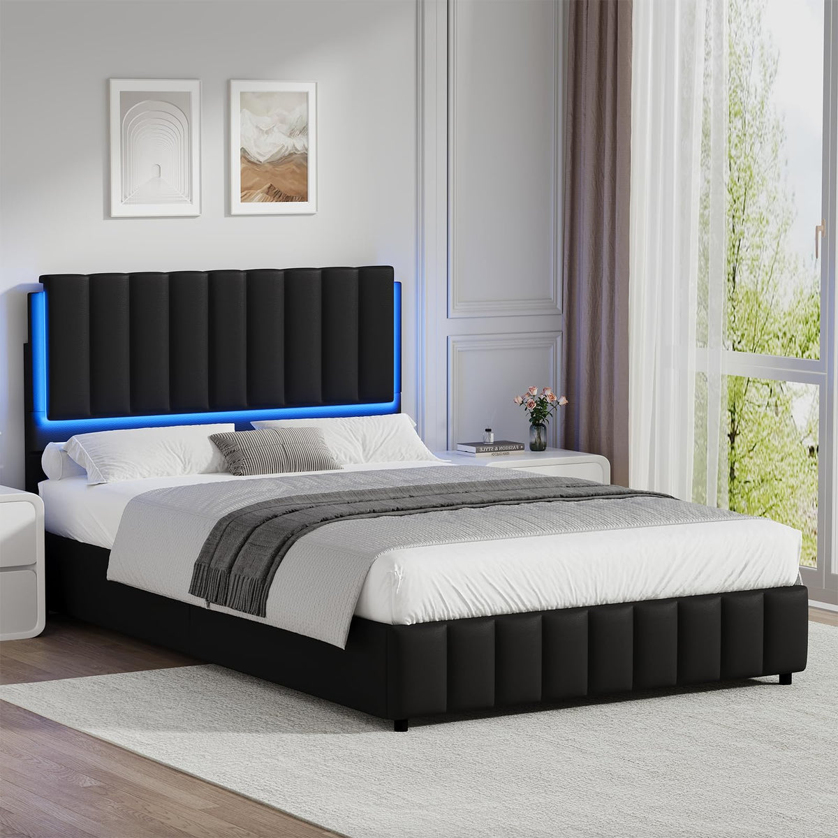 Black Faux Leather Full Size Bed Frame with Headboard I108179