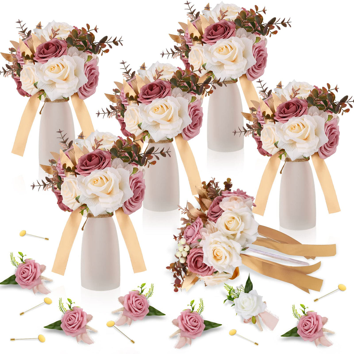 12 Pcs Artificial Bouquets and Boutonniere Set Rose White W58686