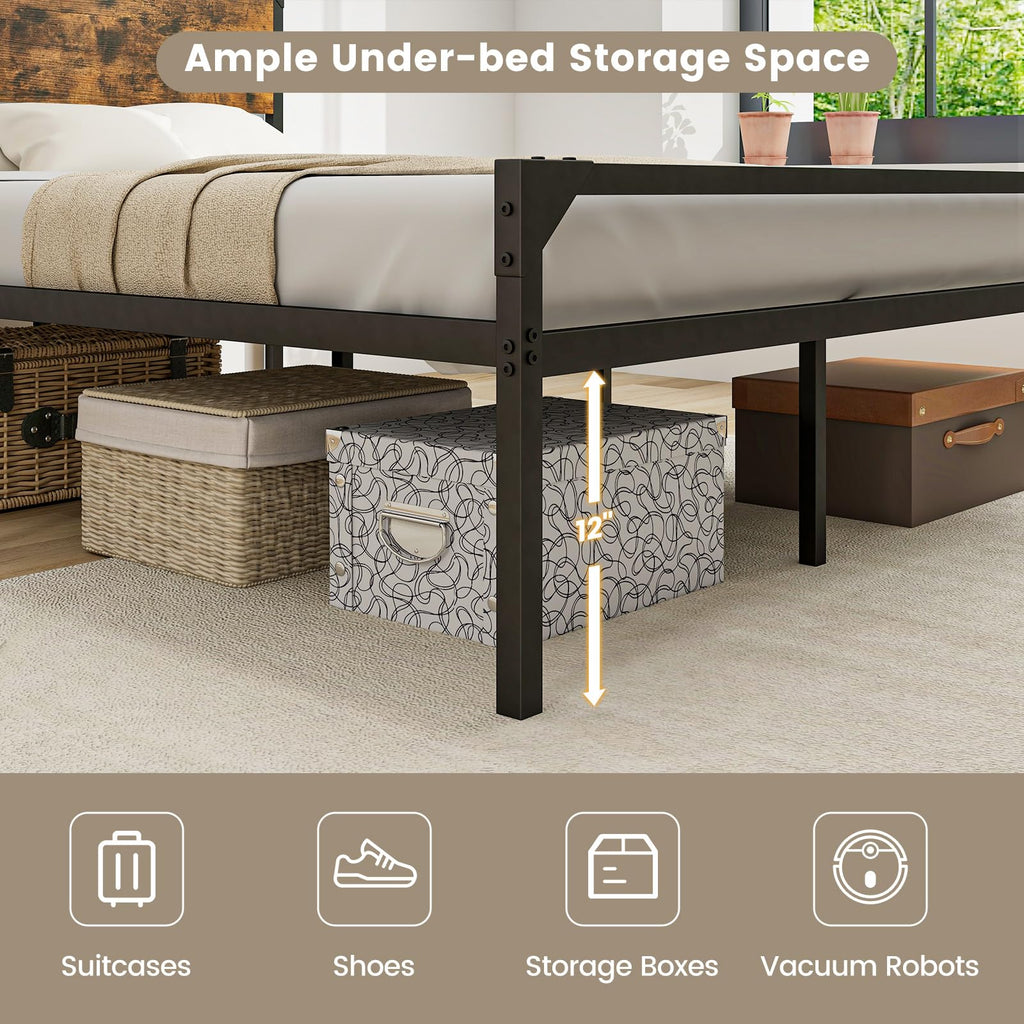 Full Size Metal Platform Bed Frame with Rustic Headboard C962884