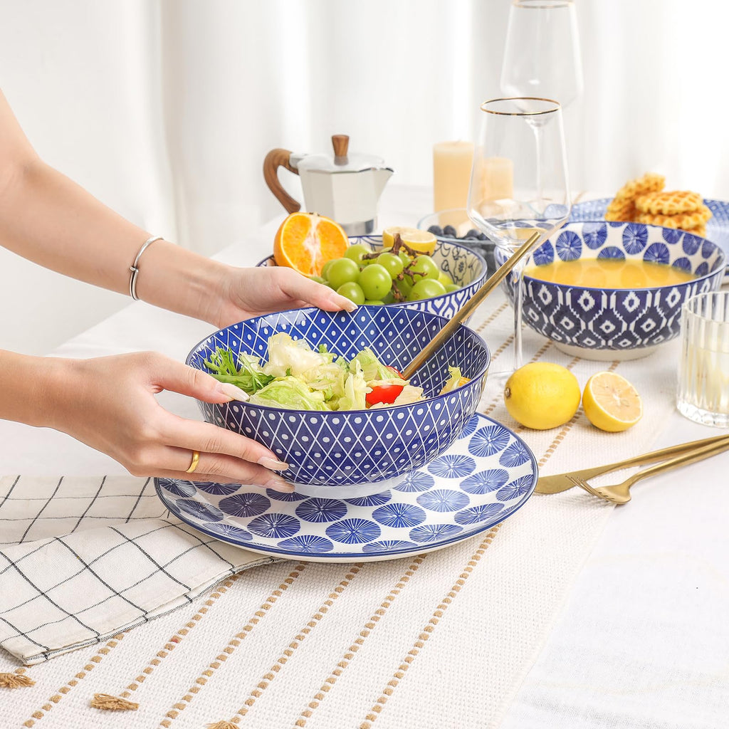 Ceramic 53 OZ Salad Bowls Set, Set of 3, Vintage Blue C736