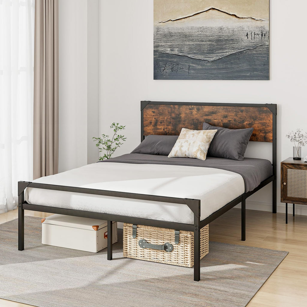 Full Size Metal Platform Bed Frame with Rustic Headboard C962884