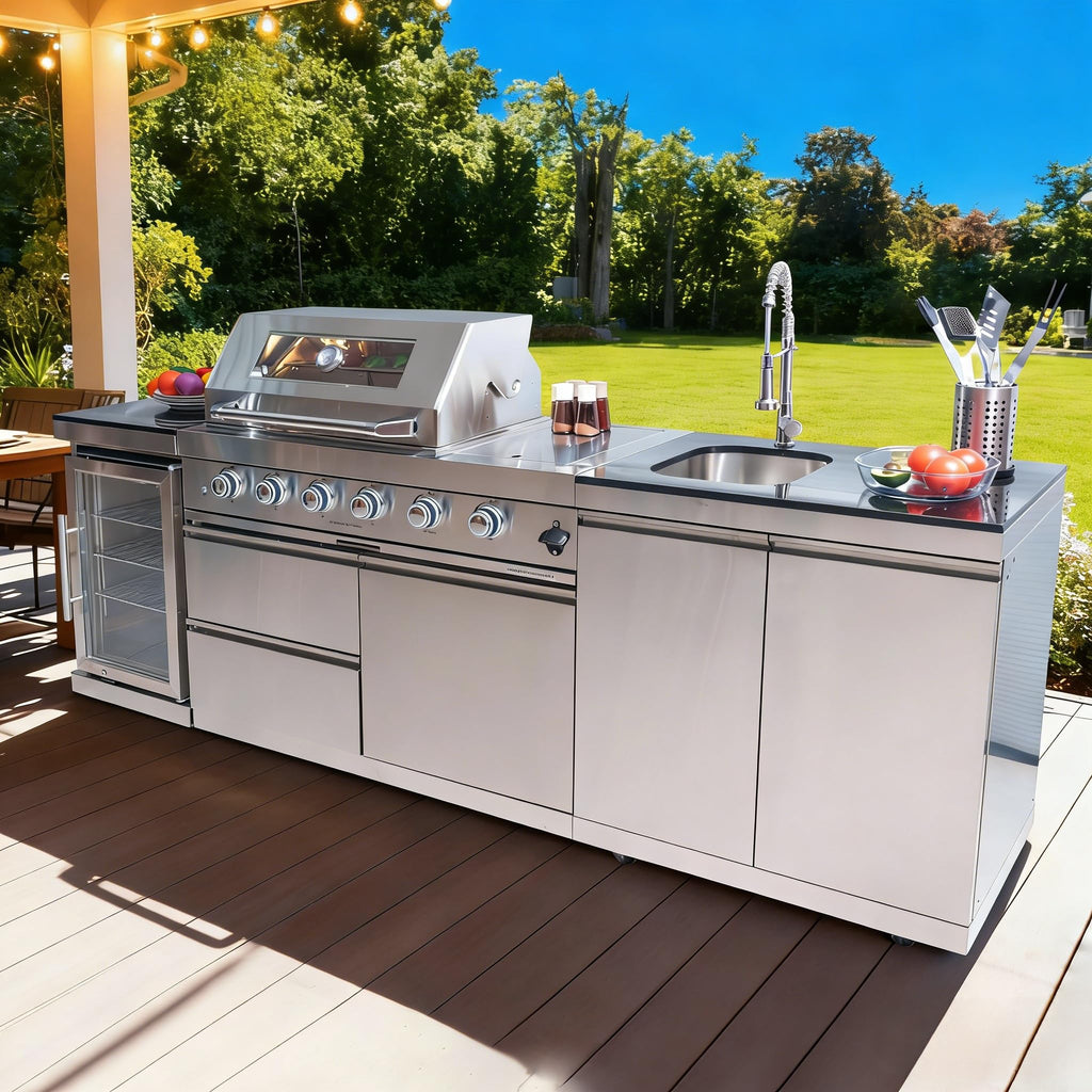 98 Inches 4-Burner Propane Stainless Steel Outdoor Kitchen Island with Refrigerator and Sink X45488