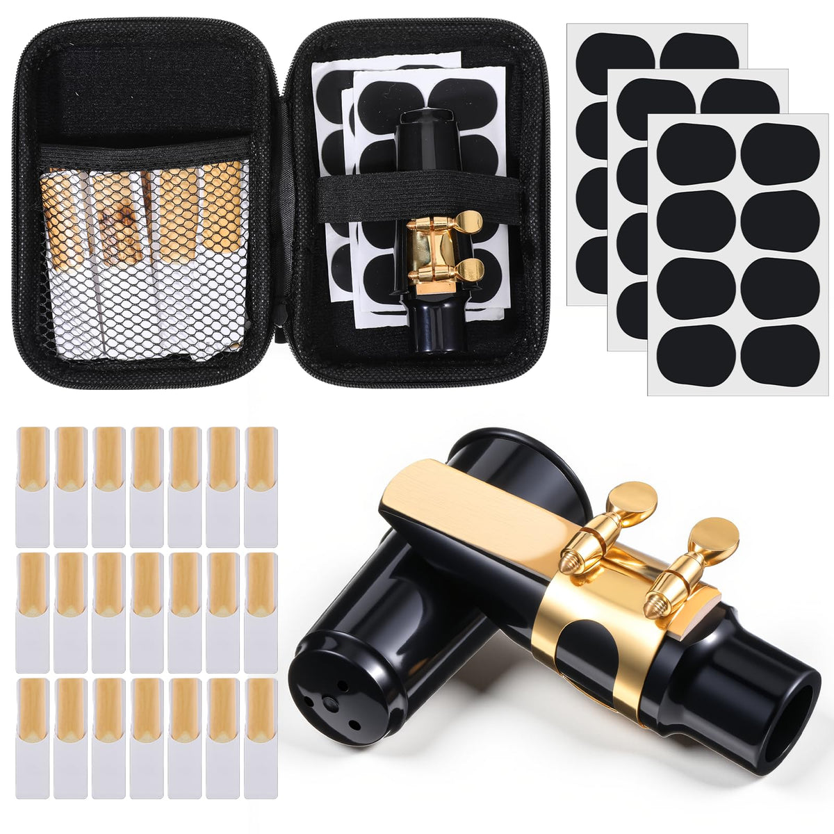 Alto Saxophone Mouthpiece Kit with Ligature, Cap, 21 Reeds, Pads and Storage Case R124