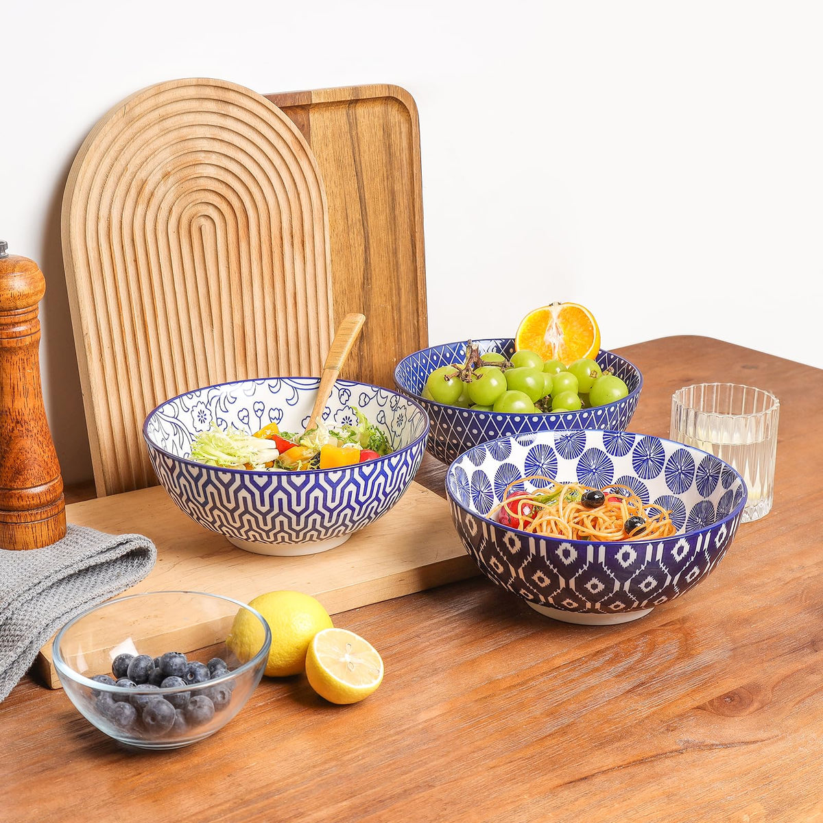 Ceramic 53 OZ Salad Bowls Set, Set of 3, Vintage Blue C736