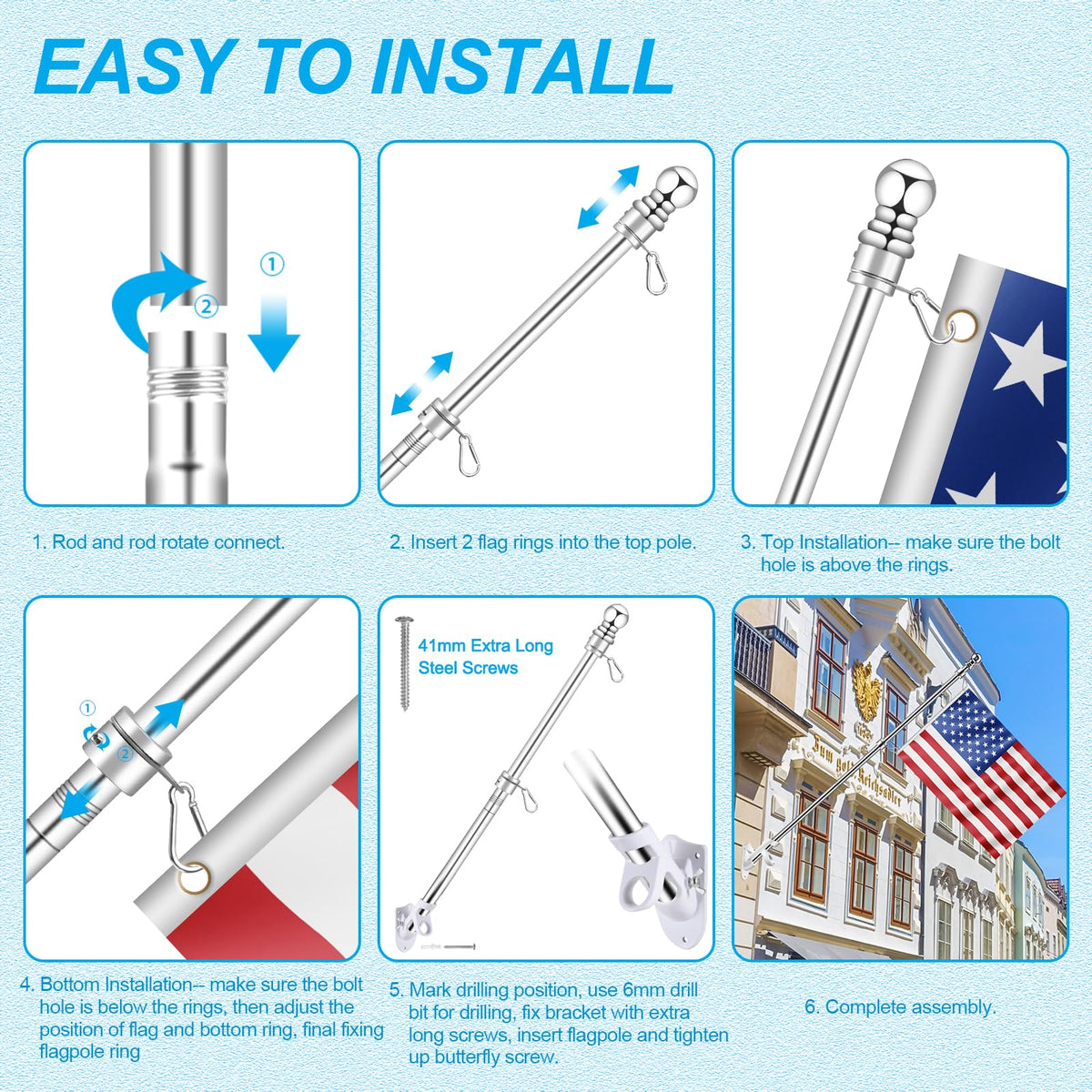 Silver 7 FT Metal Flagpole Kit and 304 Stainless Steel Flagpole Clips J945
