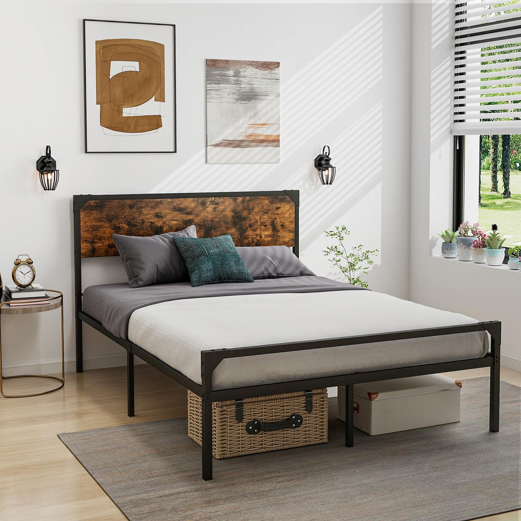Full Size Metal Platform Bed Frame with Rustic Headboard C962884