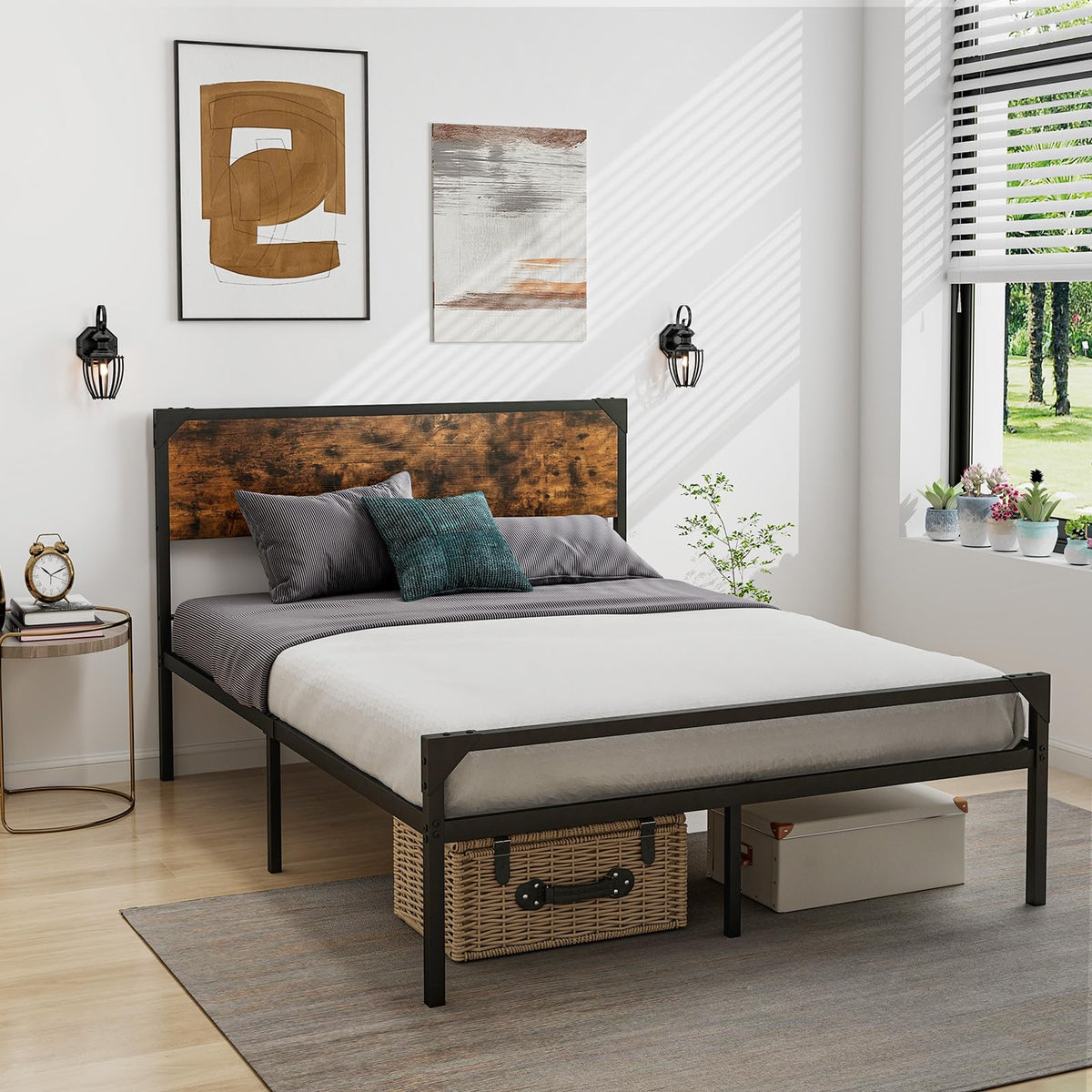 Full Size Metal Platform Bed Frame with Rustic Headboard C962884