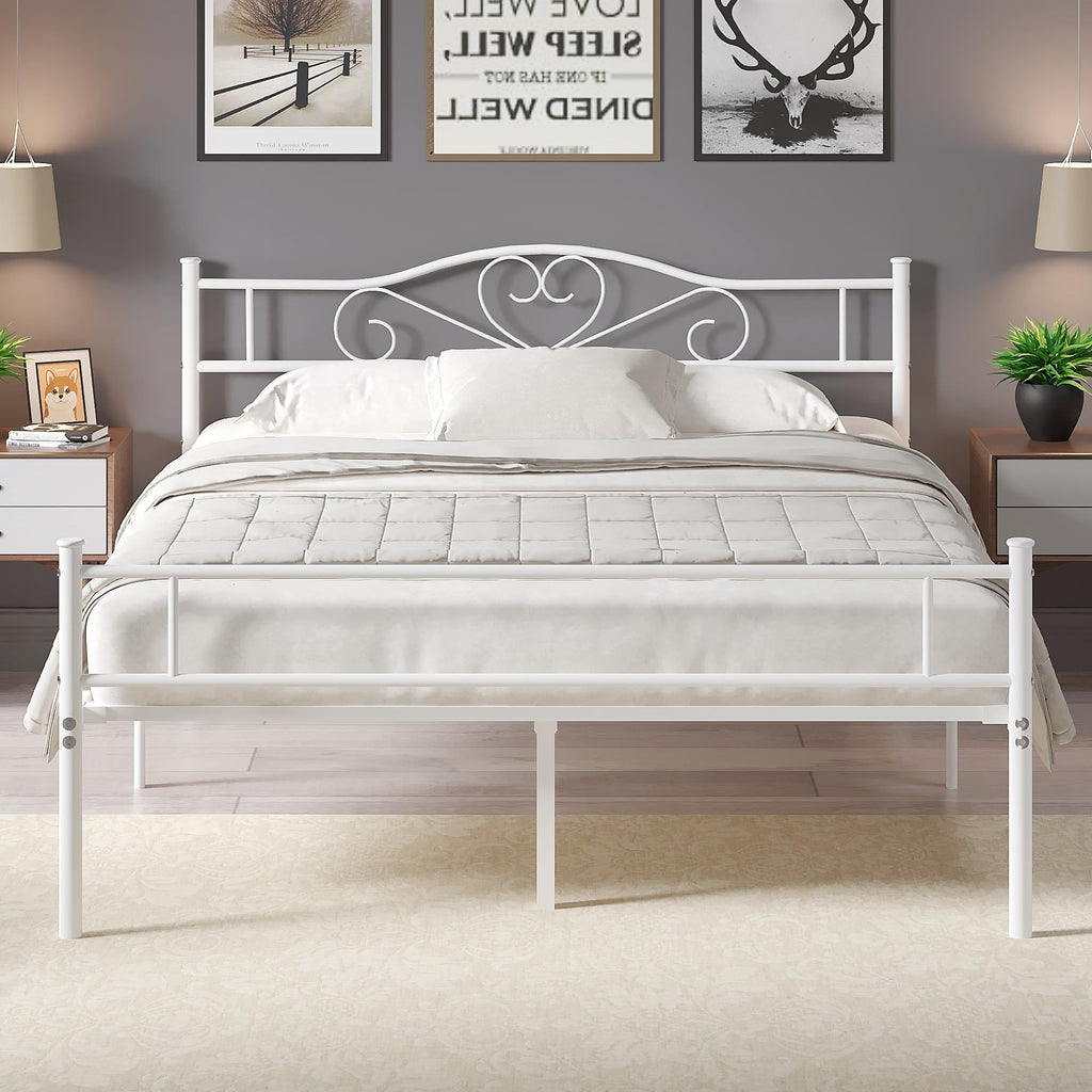 Full Size White Metal Platform Bed Frame with Headboard Y1975
