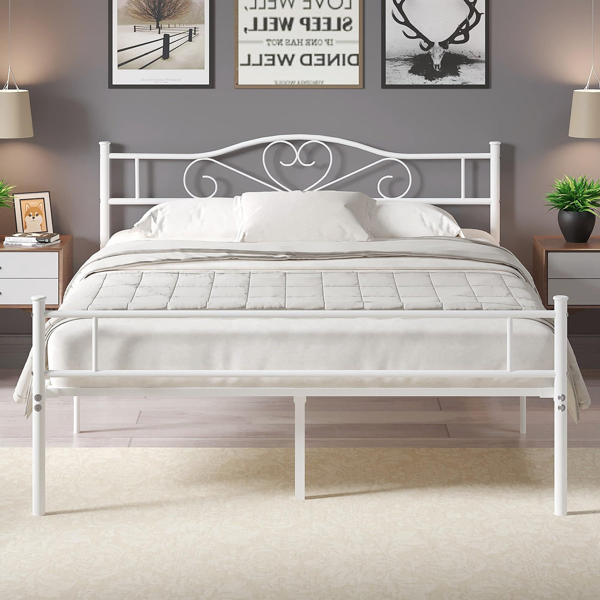 Full Size White Metal Platform Bed Frame with Headboard Y1975