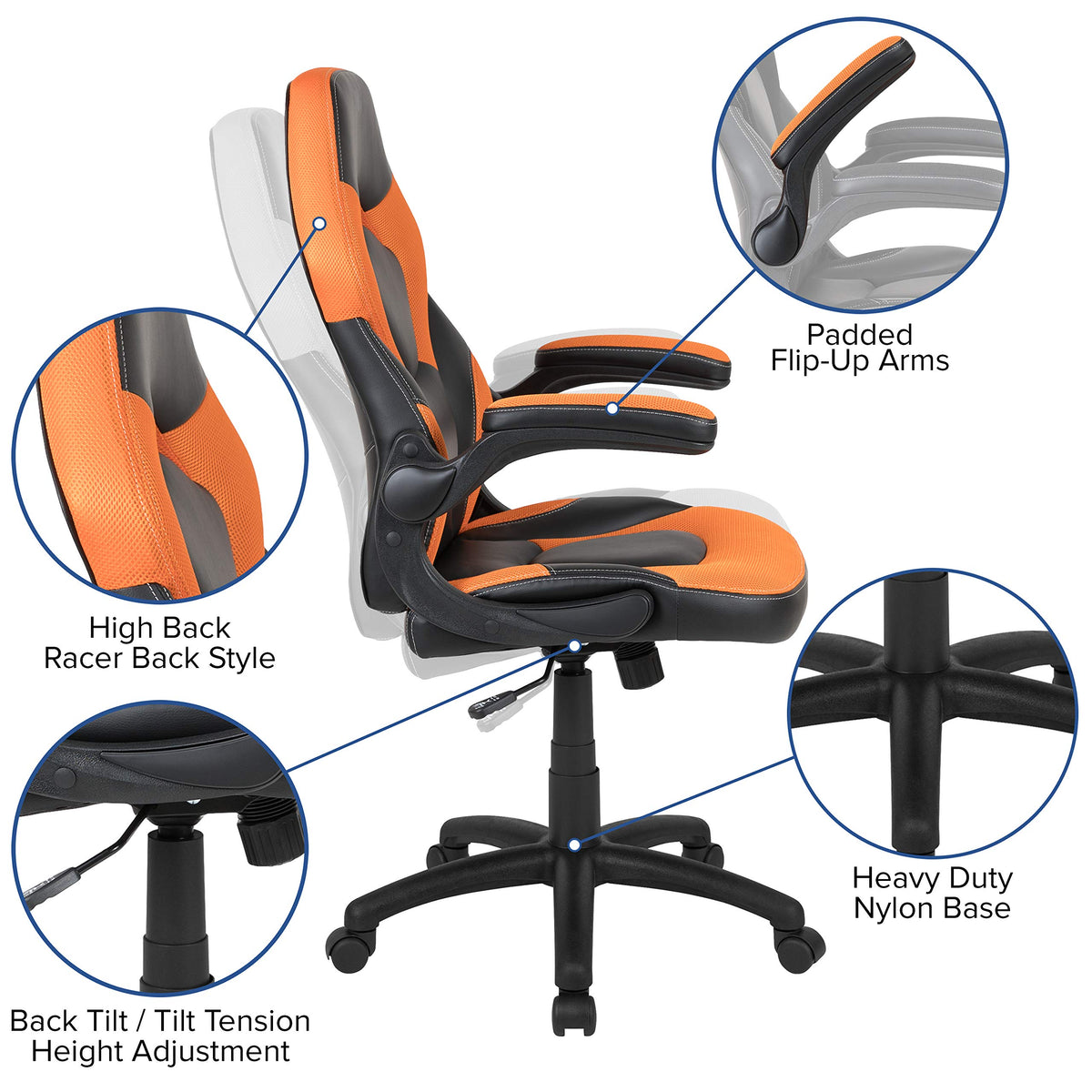 Orange Black Ergonomic Gaming Chair with Flip-up Arms R5125