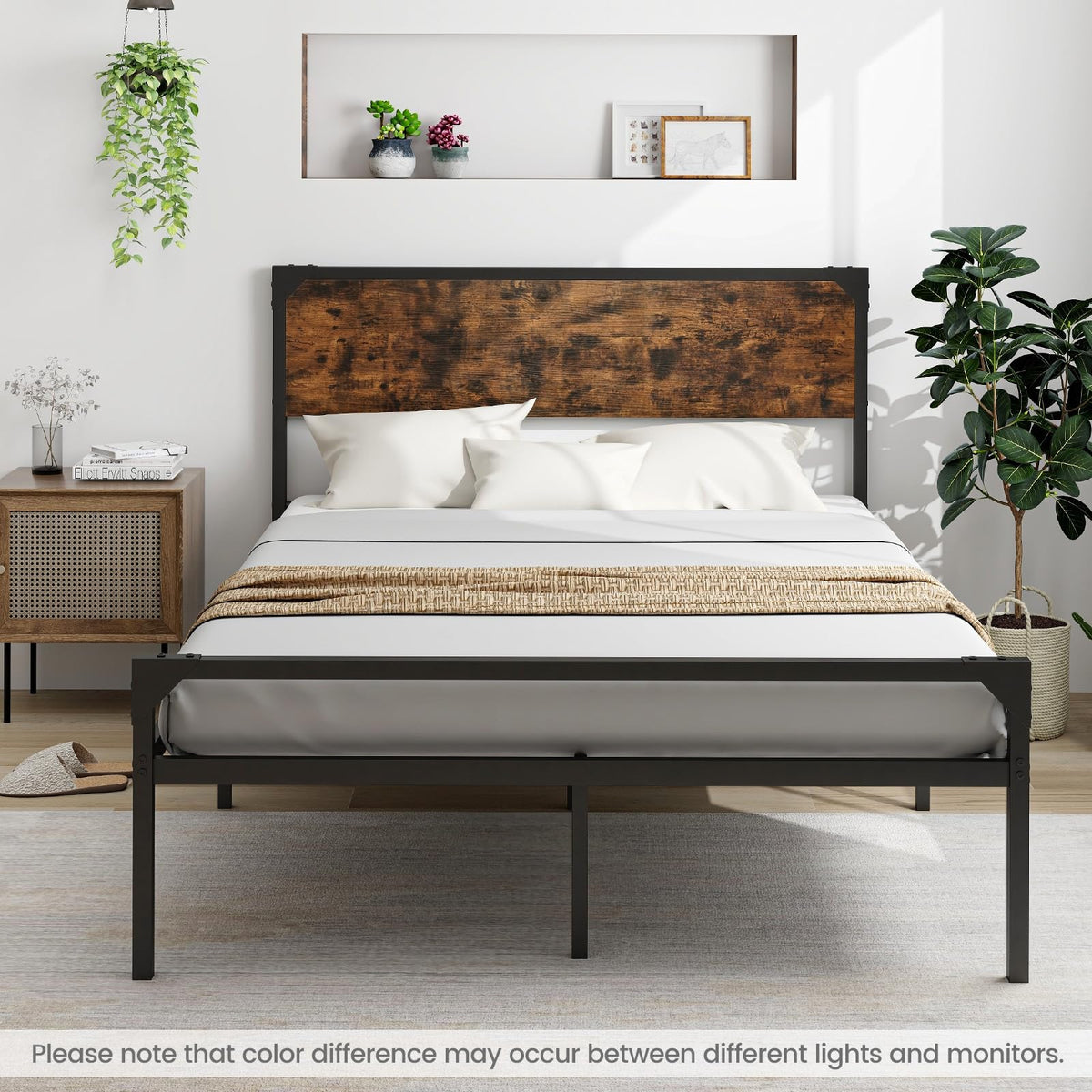 Full Size Metal Platform Bed Frame with Rustic Headboard C962884