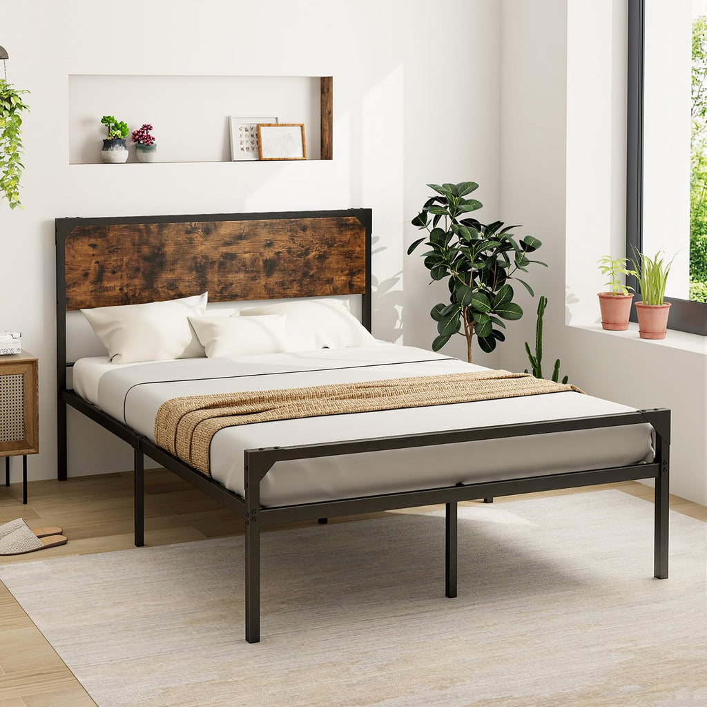 Full Size Metal Platform Bed Frame with Rustic Headboard C962884