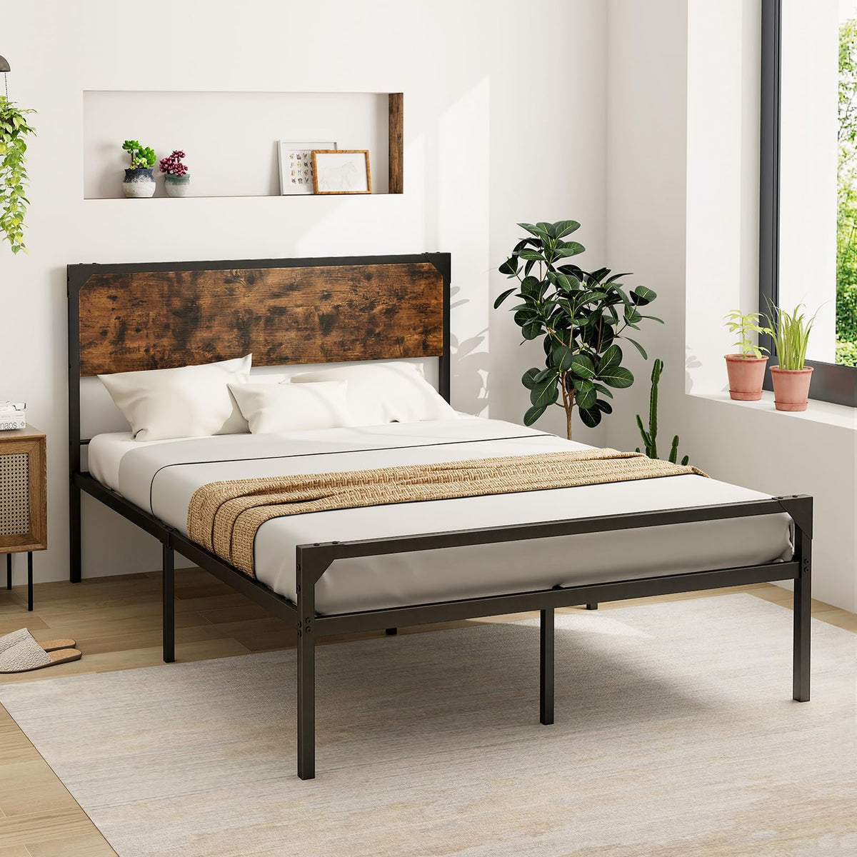 Full Size Metal Platform Bed Frame with Rustic Headboard C962884