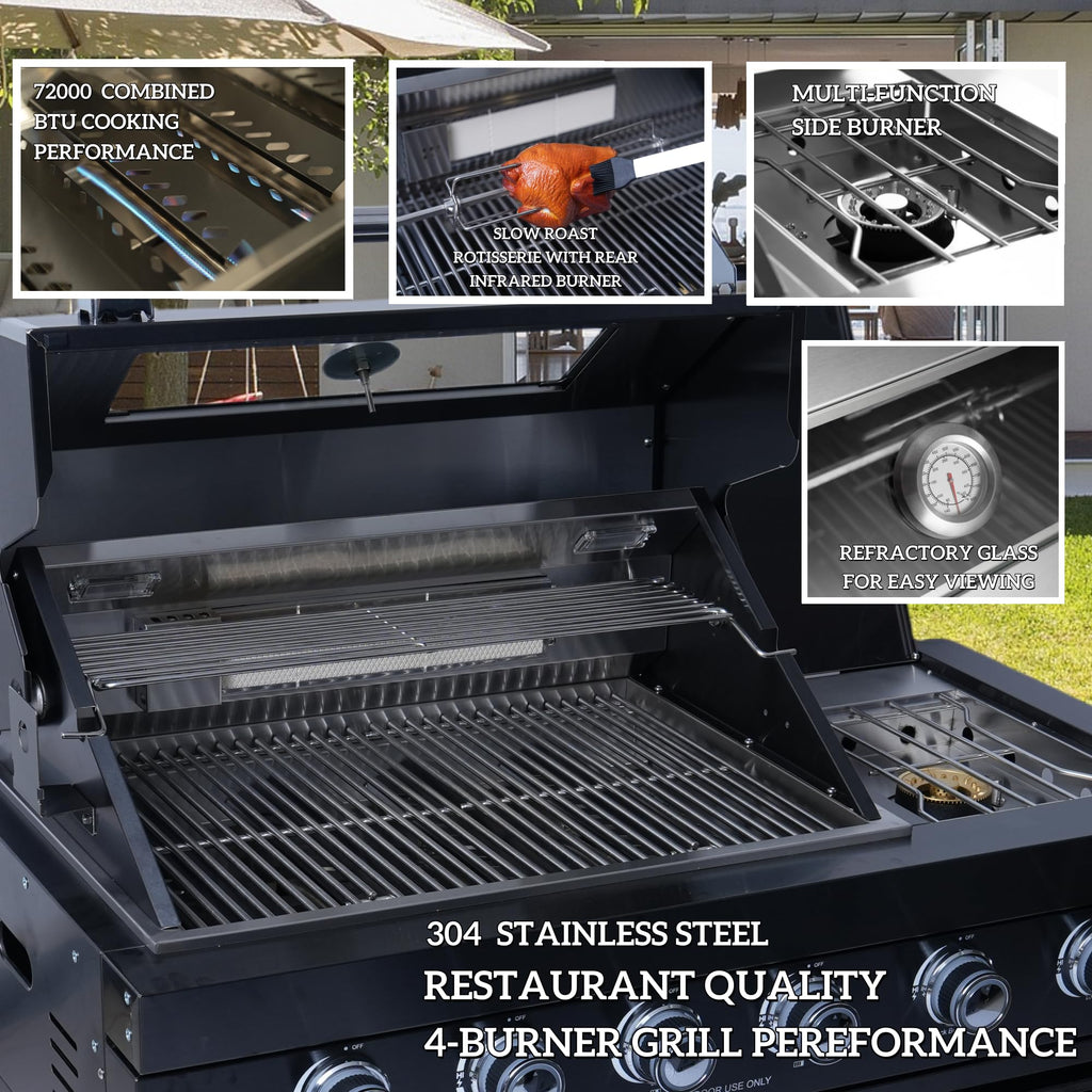 98 Inches 4-Burner Propane Stainless Steel Outdoor Kitchen Island with Refrigerator and Sink X45488