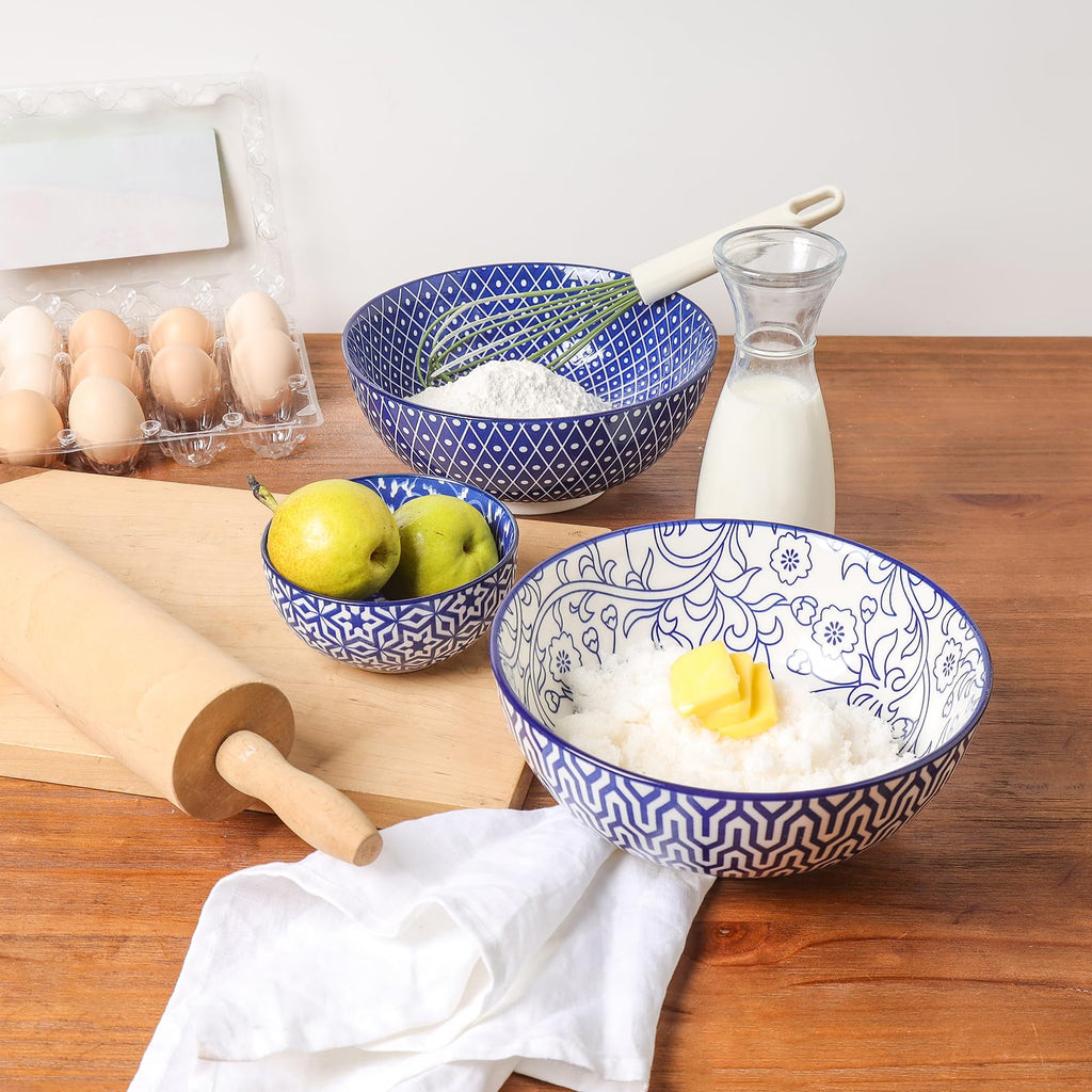 Ceramic 53 OZ Salad Bowls Set, Set of 3, Vintage Blue C736