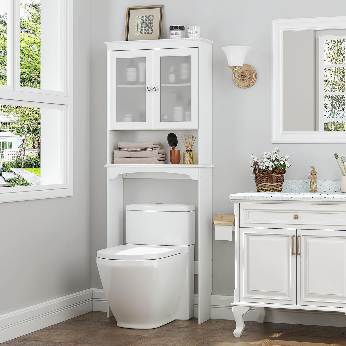 Over the Toilet Storage Cabinet with Tempered Glass Doors H778214
